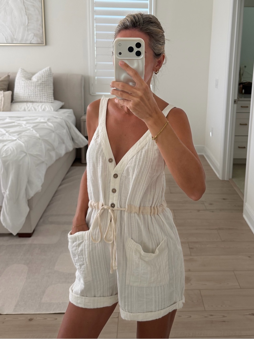 Free People Cream Button-Front Linen Romper